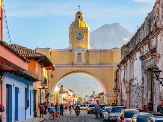 The Santa Catalina Arch is one of the distinguishable landmarks in Antigua Guatemala, Guatemala, located on 5th Avenue North.[1] Built in the 17th century, it originally connected the Santa Catalina convent to a school, allowing the cloistered nuns to pass from one building to the other without going out on the street. A clock on top was added in the era of the Central American Federation, in the 1830s. Source: https://en.wikipedia.org/wiki/Arco_de_Santa_Catalina